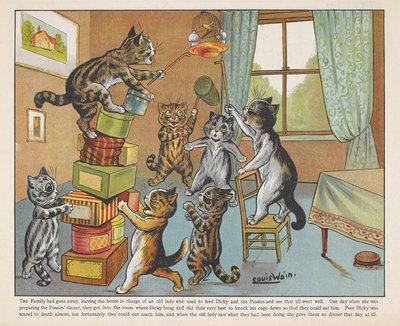 Katzen spielen mit Kisten in einem Raum von Louis Wain