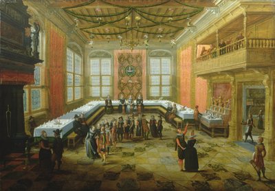 Elegante Figuren versammeln sich in einem Bankettsaal von Louis de Caullery