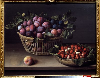 Ein Pfirsich, Erdbeeren und ein Korb mit Früchten von Louise Moillon