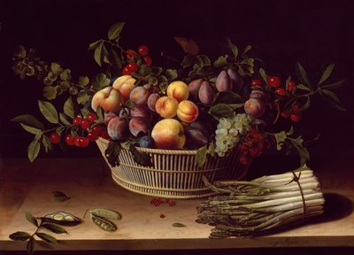 Stillleben mit einem Korb voller Früchte und einem Bund Spargel, 1630 von Louise Moillon