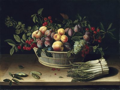 Stillleben mit einem Korb voller Früchte und einem Bund Spargel, 1630 von Louise Moillon