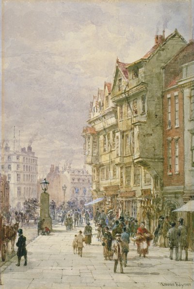 Blick nach Osten entlang Holborn mit Figuren und Pferdekutschen auf der Straße, London, 1875 von Louise Rayner