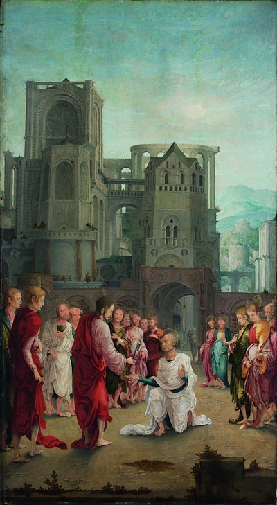 Christus übergibt die Schlüssel an St. Peter von Lower Rhenish pupil of Wolf Huber