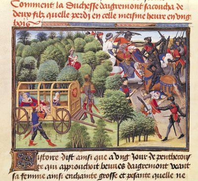 Ms 5072 f.6v Wie die Herzogin von Aigremont zwei Söhne gebar und sie in derselben Stunde in einem Wald verlor, aus dem Renaud de Montauban-Zyklus von Loyset Liedet