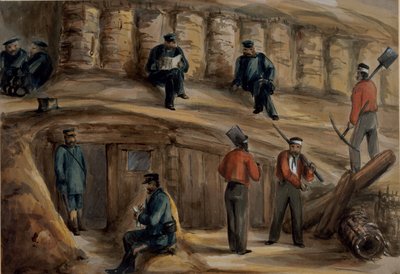 Artilleristen des Royal Regiment of Artillery ruhen sich in den Schützengräben von Sebastopol aus, ca. 1855 von Lt. Henry James Alderson