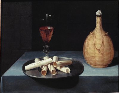 Stillleben mit Waffeln, Keksen, Weinflasche und Glas von Lubin Baugin