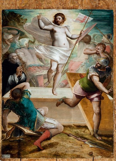 Auferstehung, Jesus hält ein Kreuzstab mit einer roten Kreuzstandarte von Luca Cambiaso