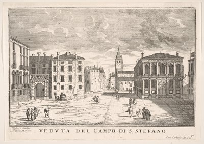 Tafel 95: Blick auf Campo Santo Stefano mit dem Loredan-Palast und dem Morosini-Palast, Venedig von Luca Carlevarijs