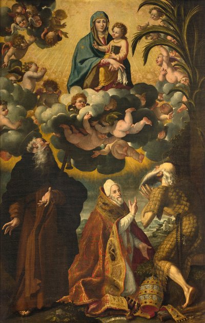 Altar des Heiligen Antonius, Madonna und Kind mit den Heiligen Antonius Abt, Paulus Eremit und Papst Gregor XIV von Luca Cattapane
