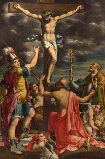 Altar von San Fermo, Kreuzigung mit den Heiligen Fermo, Hieronymus und Papst Gregor XIV., Luca Cattapane 1593 von Luca Cattapane