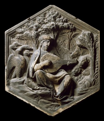 Allegorie der Musik als Orpheus. Die Tiere des Waldes lauschen Orpheus, der die Laute spielt. Hochrelief von Luca della Robbia von Luca Della Robbia