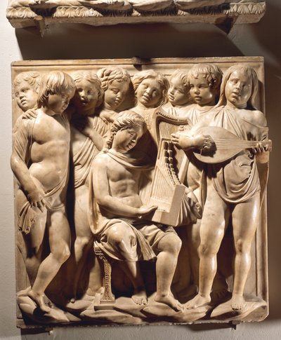 Laudate Eum in chordis et organo (Psalm 150, Laudate Dominum), Tafel mit singenden Jungen mit Orgel, Harfe und Laute von Luca Della Robbia