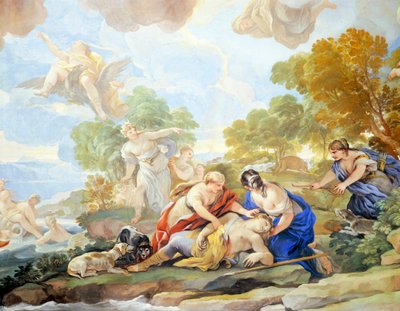 Tod des Adonis, Detail des Freskenzyklus im Spiegelsaal, Palazzo Medici Riccardi, Florenz von Luca Giordano