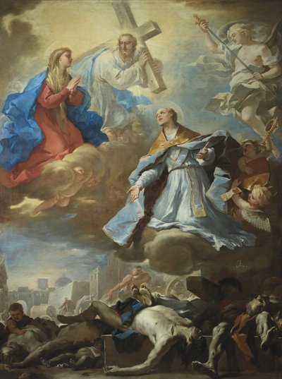Der heilige Januarius bittet die Jungfrau Maria, Christus und Gottvater für die Opfer der Pest von Luca Giordano
