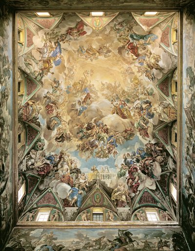 Die himmlische Herrlichkeit und der Triumph der Habsburger, von der Decke über der großen Treppe von Luca Giordano