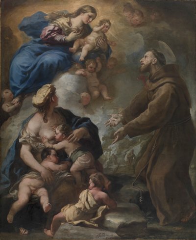 Die Jungfrau und das Kind erscheinen dem Heiligen Franz von Assisi, 1680er von Luca Giordano