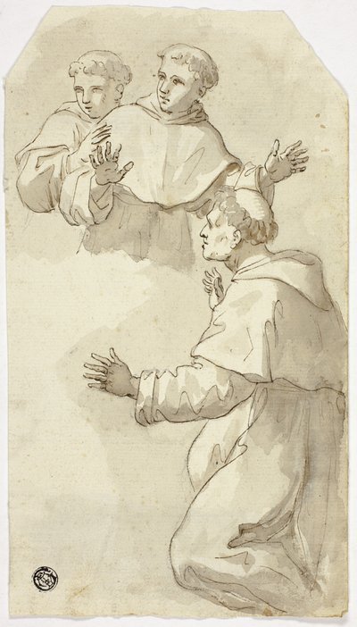 Drei erschrockene Mönche, einer kniend, zwei stehend von Luca Giordano