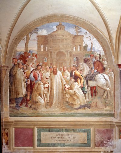 Benedikt sendet Maurus nach Frankreich und Placidus nach Sizilien (Fresko von Luca Signorelli, 1497) von Luca Signorelli