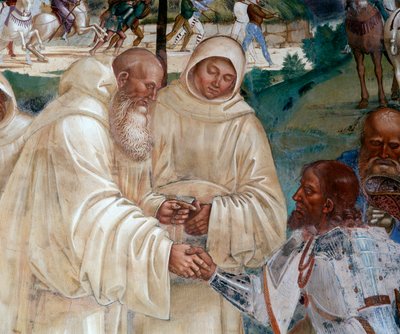 Benedikt empfängt Totila, der sich entschuldigen will (Detail) von Luca Signorelli