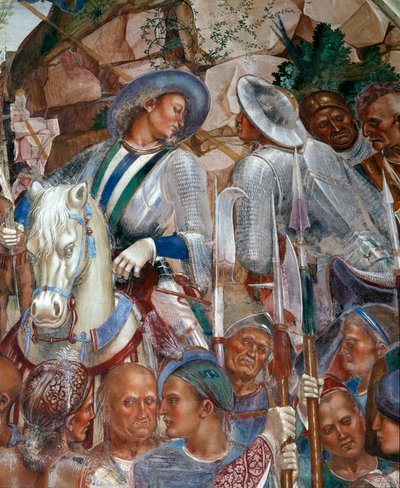 Benedikt erkennt und begrüßt den König der Goten Totila, der gekommen ist, um sich zu entschuldigen (Detail) von Luca Signorelli