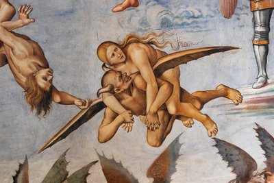 Verdammt zur Hölle, Detail des fliegenden Dämons, der einen wohlhabenden Sünder auf seinen Schultern trägt und grinsend zurückblickt, offensichtlich zufrieden mit der Beute von Luca Signorelli
