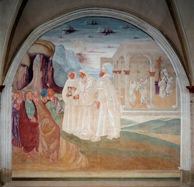 Der heilige Benedikt evangelisierte die Bewohner von Monte Cassino, im Hintergrund stürzen die Mönche eine Statue des Apollo von Luca Signorelli