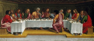 Das letzte Abendmahl. Beweinung Christi, Predella-Tafel, 1502 von Luca Signorelli