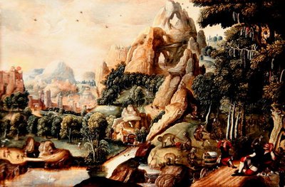 Eine Landschaft mit Affen und Menschen und einer mythischen Stadt im Hintergrund von Lucas (circle of) Gassel