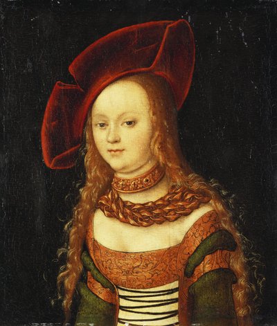 Porträt eines jungen Mädchens, halbe Länge, in einem grünen und goldenen Kostüm mit rotem Hut von Lucas Cranach