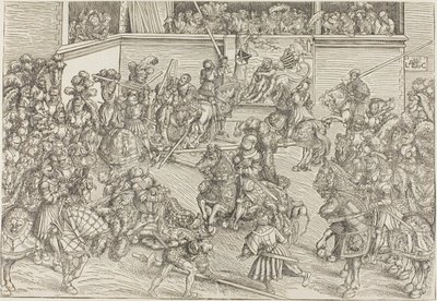 Das zweite Turnier mit einem Wandteppich, der Samson und den Löwen zeigt von Lucas Cranach the Elder