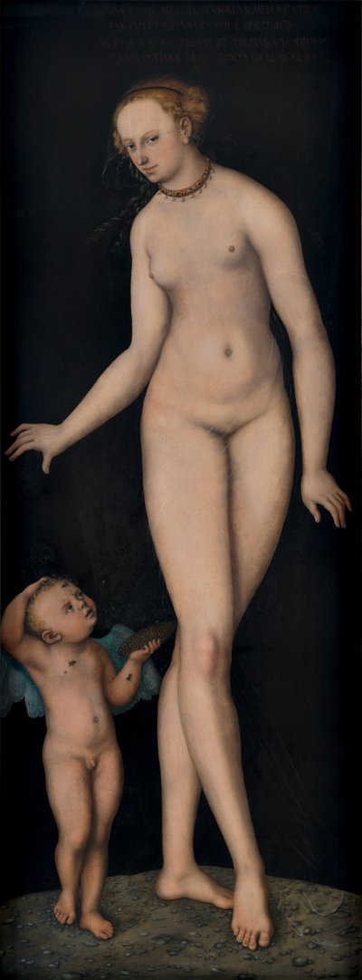 Venus mit Amor als Honigdieb vor schwarzem Grund von Lucas Cranach the Elder