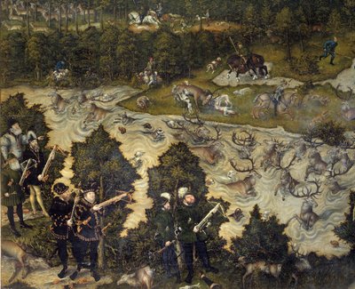 Jagd zu Ehren von Karl V. auf Schloss Torgau in Deutschland. Der Kaiser ist wahrscheinlich links dargestellt. Detail von Lucas the Elder Cranach