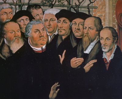 Martin Luther mit Vertretern der protestantischen Reformation, rechts Melanchthon, in der Mitte Erasmus von Rotterdam, Detail aus der Auferstehung des Lazarus von Lucas the Elder Cranach