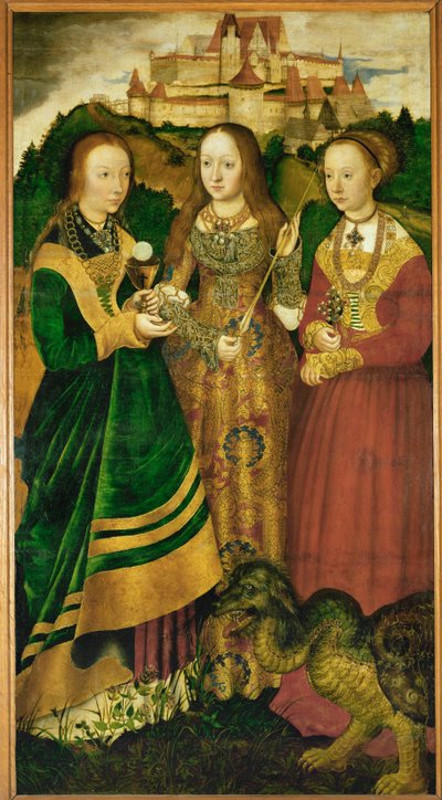 Heilige Barbara, Heilige Ursula und Heilige Margareta, Detail des Altars der Heiligen Katharina von Lucas the Elder Cranach