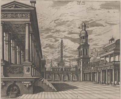 Stadtplatz mit Kolonnade links von Lucas van Doetechum and Johannes