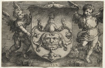 Ein Schild mit einer Maske, unterstützt von zwei Genien von Lucas van Leyden