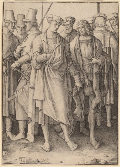Ein junger Mann mit acht bewaffneten Männern von Lucas van Leyden