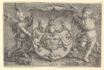 Wappen mit einer Maske, gehalten von zwei Genien, 1527 von Lucas van Leyden