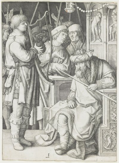 David spielt die Harfe vor Saul, ca. 1508 von Lucas van Leyden