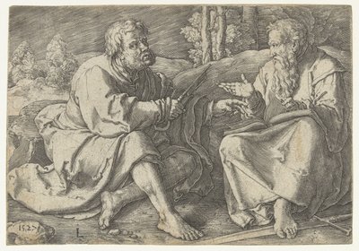 Paulus und Petrus sitzend in einer Landschaft von Lucas van Leyden