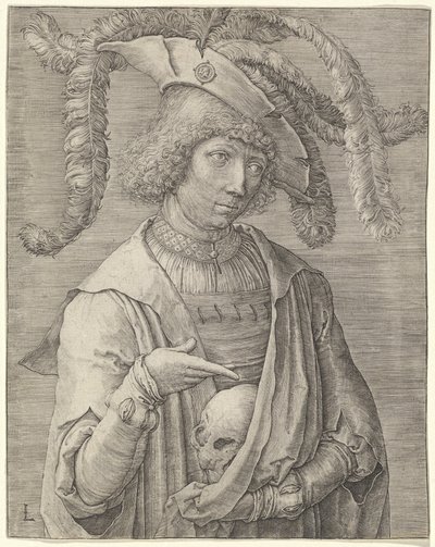 Porträt eines jungen Mannes mit einem Schädel von Lucas van Leyden