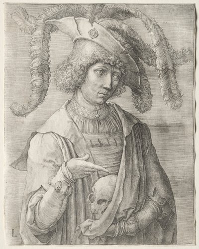 Porträt eines jungen Mannes mit einem Schädel von Lucas van Leyden