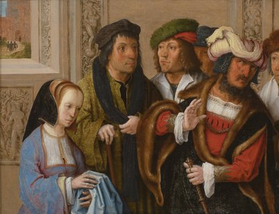 Potiphars Frau zeigt ihrem Mann Josephs Mantel. Im Hintergrund: Joseph wird ins Gefängnis gebracht von Lucas van Leyden