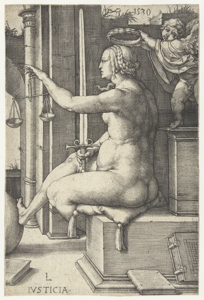 Gerechtigkeit. Iusticia (Titel auf Objekt). Sieben Tugenden (Serientitel) von Lucas van Leyden