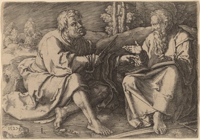 Heilige Peter und Paul sitzen in einer Landschaft von Lucas van Leyden