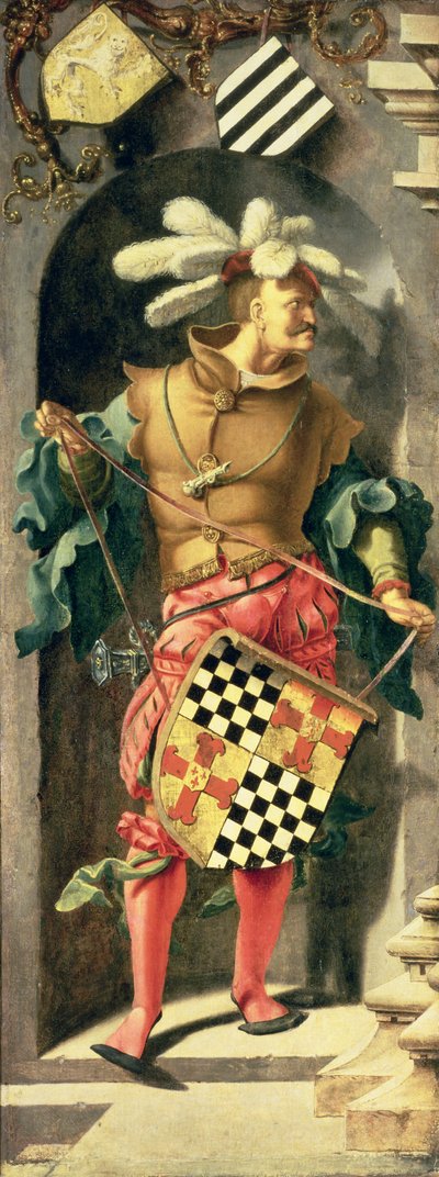Die Heilung des Blinden von Jericho, linkes Seitenpanel des Triptychons mit Krieger und Wappen des Patrons, 1531 von Lucas van Leyden