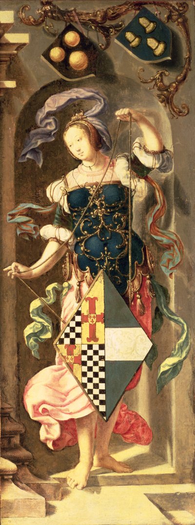 Die Heilung des Blinden von Jericho, rechte Seitenwand des Triptychons, das ein junges Mädchen mit dem Wappen des Patrons zeigt, 1531 von Lucas van Leyden