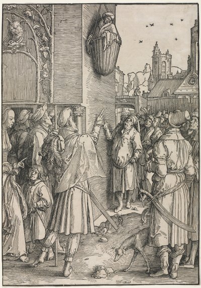 Die Macht der Frauen: Der Dichter Virgil in einem Korb aufgehängt von Lucas van Leyden