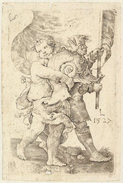 Zwei Jungen mit Helm und Standarte, 1527 von Lucas van Leyden