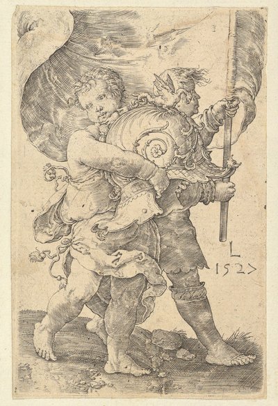 Zwei Jungen mit Helm und Standarte, 1527 von Lucas van Leyden